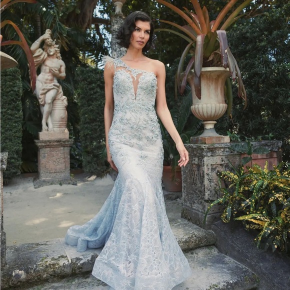 MAC DUGGAL
Blue Embroidered Applique Feathered One Shoulder Trumpet Gown - Picture 1 of 7
